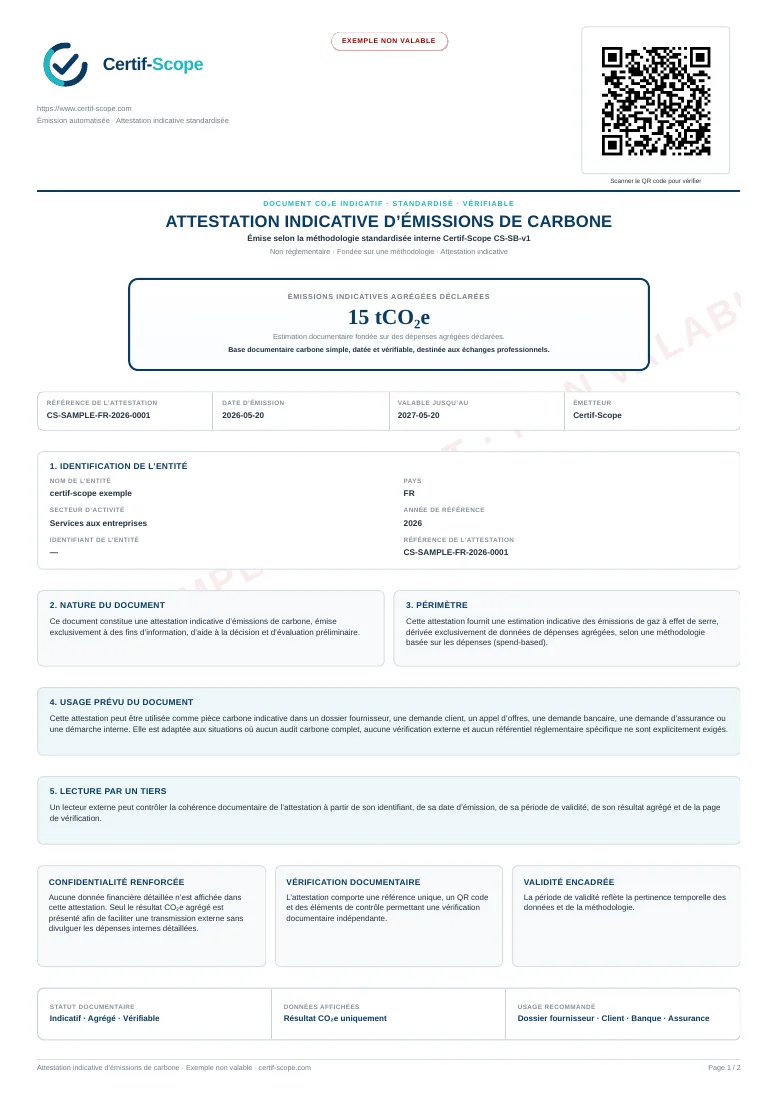Exemple d’attestation CO₂e indicative prête à transmettre, avec résultat agrégé, méthode déclarée et identifiant vérifiable.
