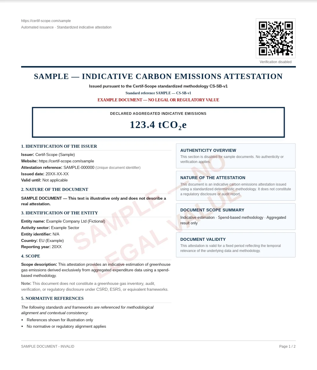 Illustrative example of the standardized Certif-Scope CO₂e attestation format, shown for layout and structure only
